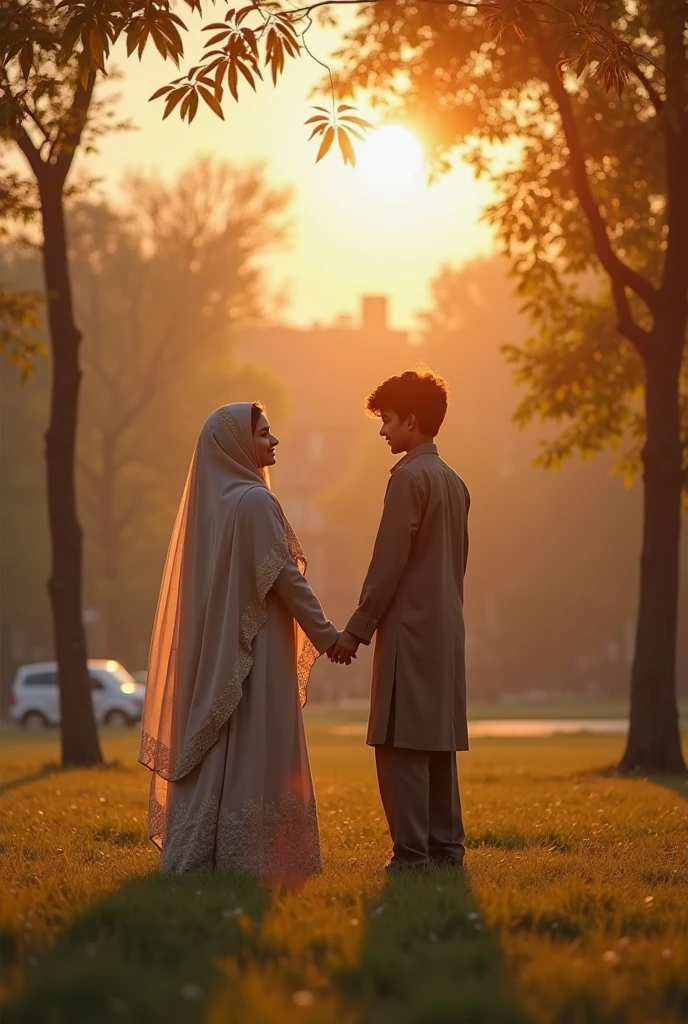 A young woman, wearing dark red colour saree, golden border, black colour blouse,full sleeve, golden colour hijab covering her head,a military man, olive colour uniform,full sleeve, embracing the girl, the scene is set in a university