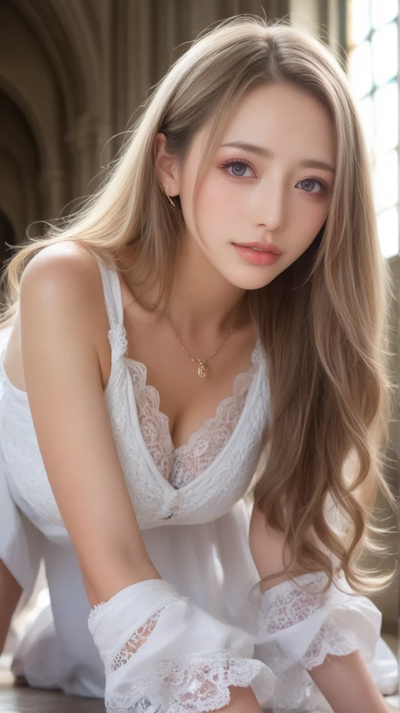 ((Large floor、Girl lying on a marble table))、(One Girl)、iridescent heterochromatic pupils、Silver Haired Girl、Free high resolution、Off-the-shoulder semi-transparent pure white dress、fairy,dress,fairy dress, ((Bare shoulders)), ((Full breasts)), ((The skirt is short)), ((sexy legs)), ((whole body)), Practical, Fashion girl, Red lips, Mature women, Exquisite makeup, big eyes, beautiful, (best quality, masterpiece:1.2), Ultra Detailed, (Practical:1.37), ((Random scenes, Random shooting angles)), ((Sexy long legs)), Young and energetic, Charming model, (Delicateeyes, Delicate lips), Show a bright smile, Create stunning girl images, warm color, Very high color saturation, Official Art, Extremely detailed CG, Unity 8K Wallpaper, (High Dynamic Range :1.4), (Movie atmosphere),(Soft colors), (Natural skin texture, ultra-Practical, Soft Light, sharp),(Very detailed), night, moonlight