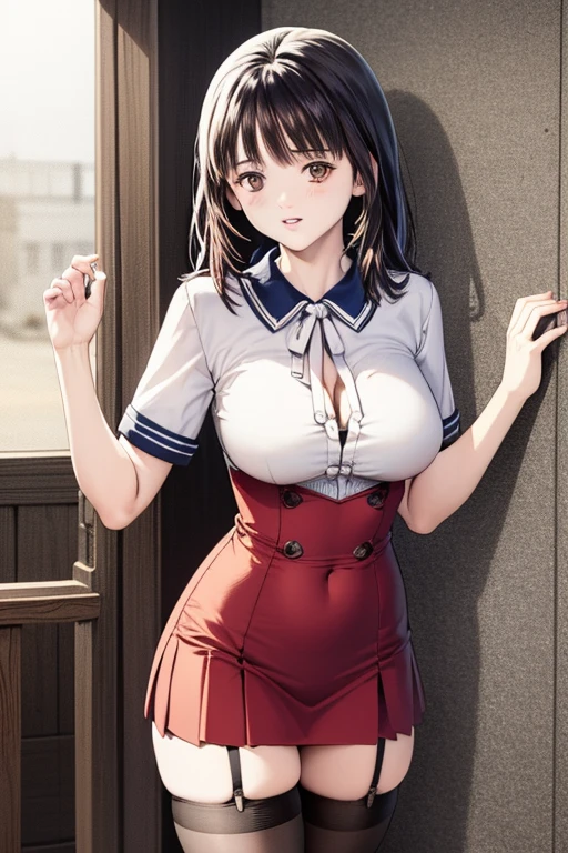 ((masutepiece, Best Quality, hight resolution, nffsw, Perfect Pixel, 4K, nffsw, nffsw))), 1girl in, Single, Solo, Beautie、full body seen、 ((Middle Wave Hair, Bangs, Brown hair)), ((Brown-eyed, Beautiful eyelashes, Realistic eyes)), ((Detailed face, Blushing:1.2)), ((Smooth texture:0.75, Realistic texture:0.65, Photorealistic:1.1, Anime CG style)), medium breasts, Dynamic Angle, Perfect body, White tennis wear, Shirts with short sleeve collar、pleatedskirt,breasts looking、(no-bra、See-through nipples)、、, tennis coat、during daytime、all-fours、Looks Back、Transverse breasts、Very embarrassing panic smile、、