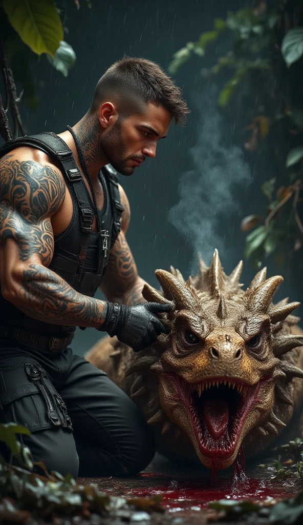 a man, with a godzilla tail, with bull horns, with black claws, light skin, black shorts