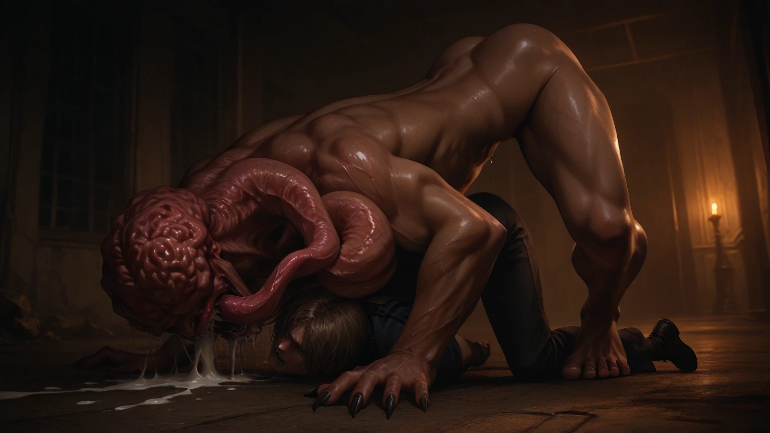 A hyper realistic, ultra detailed image of a terrordog, fat, (((((feral))))), wild mane, flowing mane, textured mane, ((hair over eyes)), pig snout, tusks, mane, spines on back, long spines on back, thick thighs, pink body, duo, shaded, intricate, realistic, detailed background, dark skin, (saliva:0.8), monster, claws, panting, drooling, saliva, aroused, face down, ass up, on a klingon star ship, freighter. ((((excessive drooling, duo, hyper balls, pov low angle, small pig tail, pig feet, feral, excessive anal scat, standing on all fours, spreading legs, hands on butt, faceless human, excessive hyper anal feces, feces on stomach))))