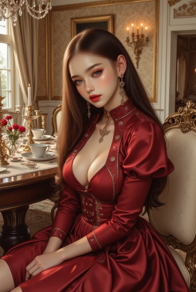 (photorealistic:1.6),(High resolution:1.6),(Sexy Woman),(beady eyes),(large eyes),(Light brown hair),(cool beauty:1.3),chuuChloe,(Personality is lewd),(flaunt muscles),(sit in the Queen Chair),(Bossy Woman:1.3),(Red long dress:1.3),(Lean back),(glimpse of white panties:1.3),(Slender body),(Necklace),(Showing Panties)