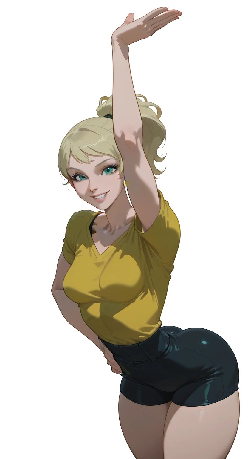 masterpiece, best quality, aya brea, looking at viewer, large breasts, upper body, portrait, seductive smile, put your hands behind your head, armpits, armpits visible, sweaty armpits, wearing black tanktop