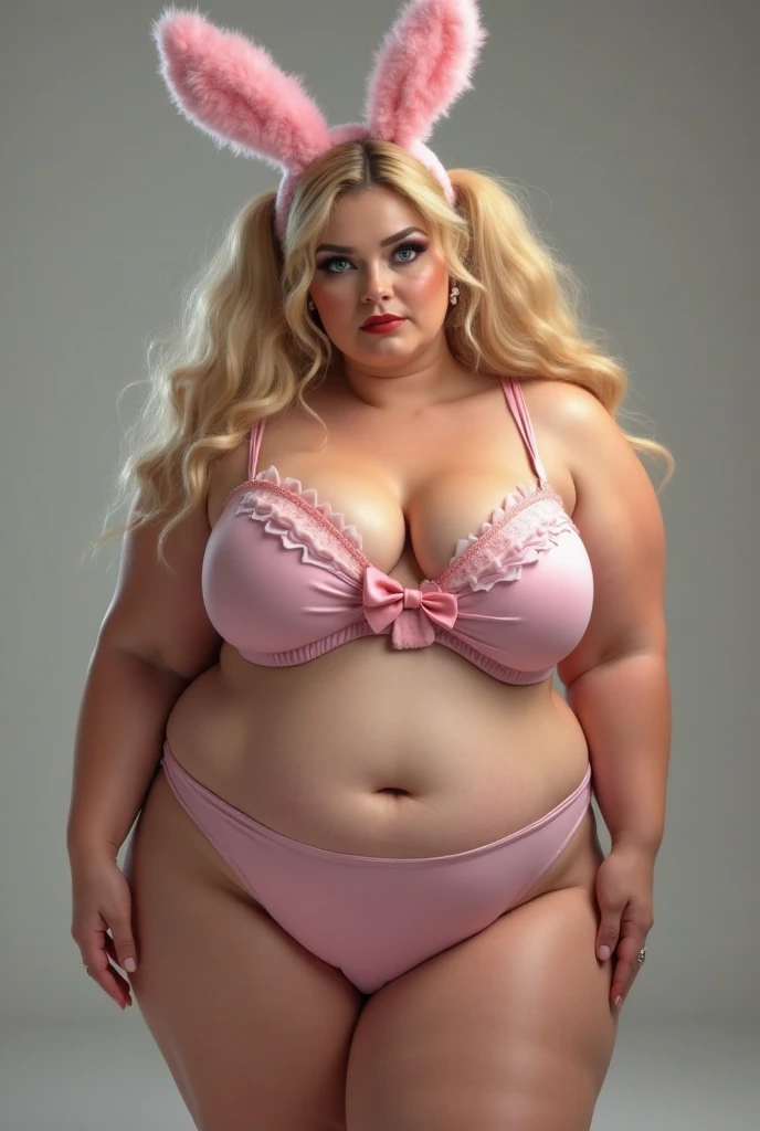 Blonde woman with giant boobs and huge ass wearing pink lingerie without bra, narrow waist and wide hips showing the chest