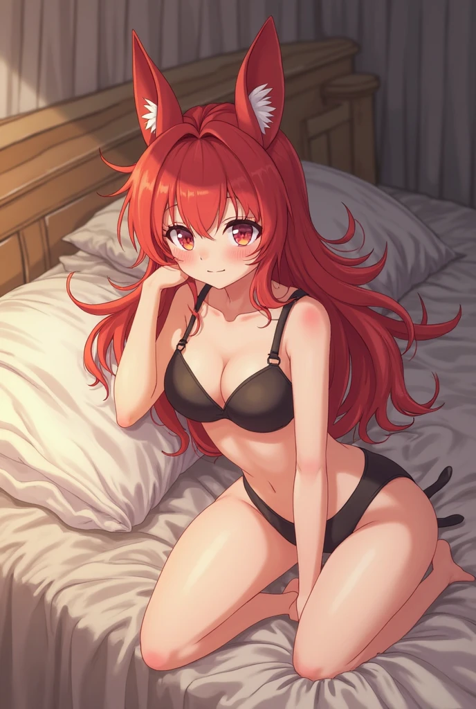 1girl with long ((!red hair))), amber eyes, fox ears, slender body, fox tail,nude, sitting on bed.bluah, emabarrased. Night, wooden home