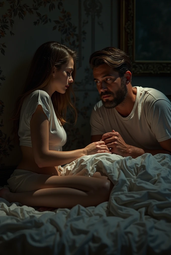 hyper realistic image,Image of a woman lying dead on her bed.,There was a man sitting behind her, his hand on the shoulder of a woman who was crying in grief.