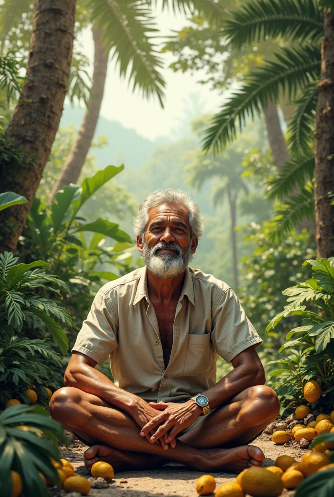 ( photo realism 1.2) photo realistic high detailed old native male smile sitting on jungle hut with dog sleeping under the dog after rain morning mode with campfire cinematic