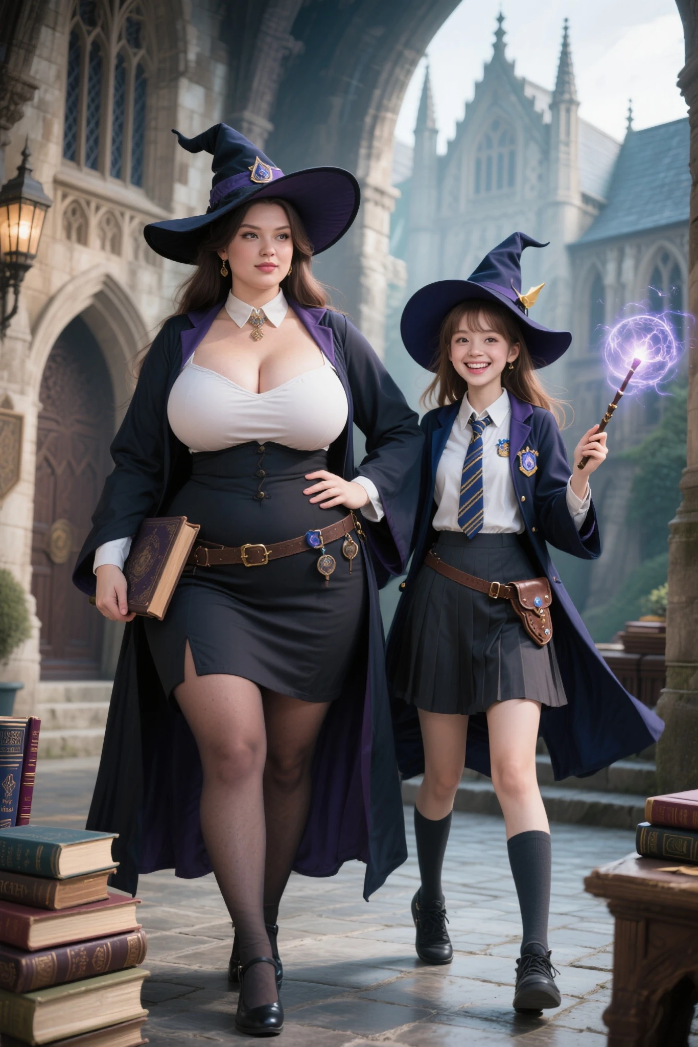 Female busty Professors witch and Female busty Student witches, wearing witch costumes, standing in front of Magical Academy, full body shot wide angled view from below, daylight, giga_busty