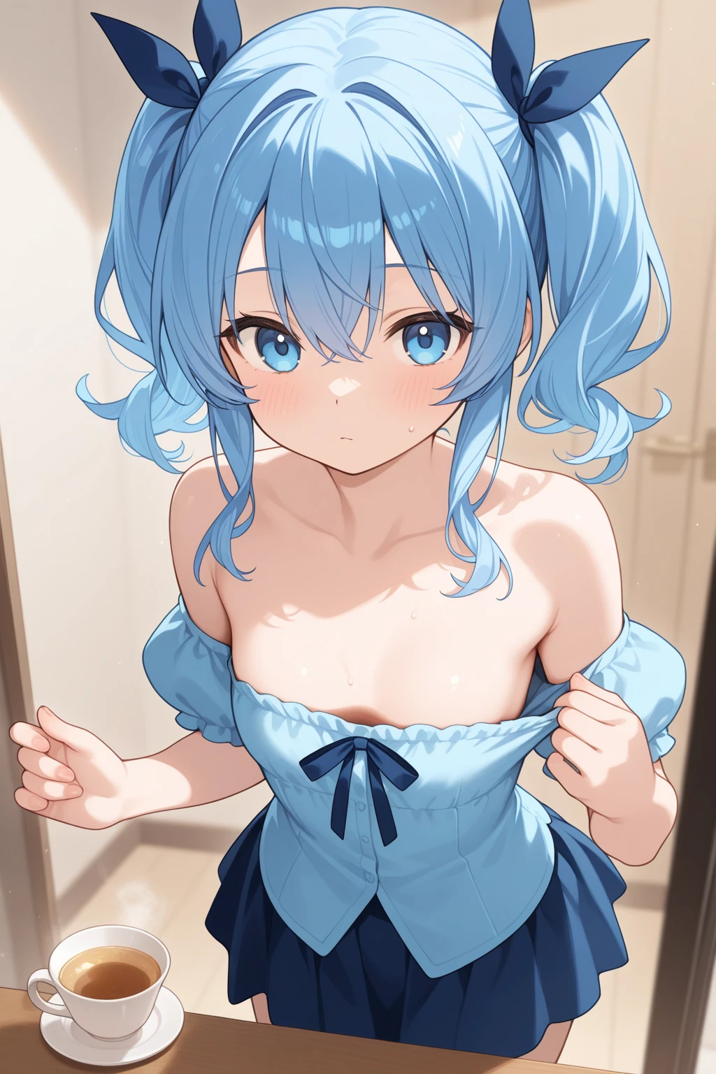 NSFW,((1man with 1woman,Having sex)),woman on top,from behind,One Little Girl,The dress is pulled up,Smile with open mouth,Luxurious ornaments,noble,Princess,Tiara on the head,((bared chest)),(short light blue hair) ,(Blue and green eyes),(Heterochromia),Revealing clothes, Lori,small tits,Curvaceous,Exposed genitals,Viewer's Perspective,A is inserted,High resolution,Best Quality