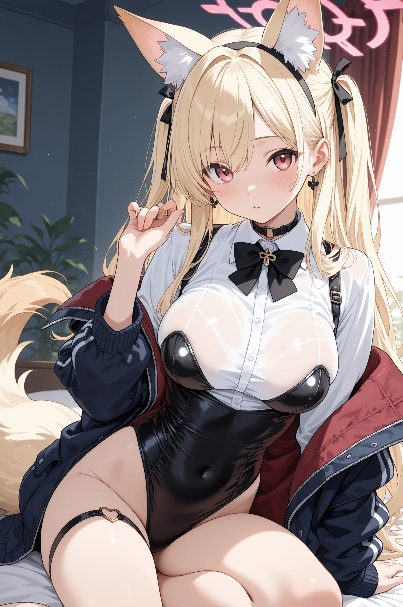 Best quality, 1 girl, blonde hair, cat ears, (huge breasts:1.1), sailor's suit, black skirt, cute