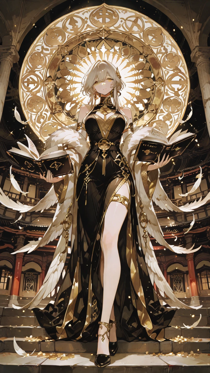 ((best quality)), ((masterpiece)), (detailed), 1girl, Character design, NSFW, scholarly female, scholar, female scholar, educator, teacher, fortune teller, holding a large bell, carrying a large bell, ringing a large bell, bell,astrology, astrological symbolism, star reading, celestrial theme, heavens, heavens above, constellations, blood magic, blood mage, dynamic poses, long white grey hair, grey white eyes, very skinny, detailed, best quality, no accesoires around the neck, no shoes, prominent collarbones, skinny arms, flat stomach, visible hip bones, small breasts, full body, blank white background, plain background, white background, red and white clothing, Bloodborne inspired, occult aesthetic, occult, detailed and intricate steampunk and detailed gothic, NSFW, Fluttering lace flared long knee length dress with frilly petticoats, knee length dress, pleated petticoats, petticoats gothic, complex lace boots, gothic aesthetic, wielding a mighty sword with mechanical components, mandalas, small breasts, a fairy, various different types of insect wings, bug wings, beetle wings, NSFW, full body, whole body, body, chains,
