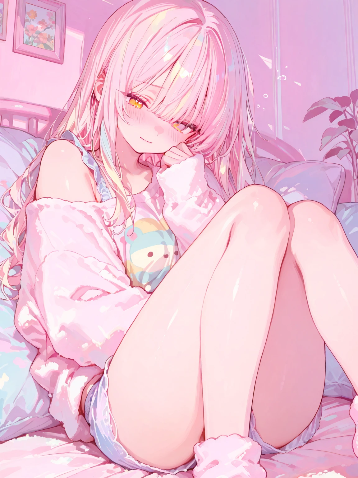 solo, female, sfw, extremely tall, tall:1.3, long messy hair, tied hair, light pink hair, blue eyes, bags under eyes, tank top, very slim, medium breasts, bedroom, dark messy room, neet, glowing screen, hugging knee, panties