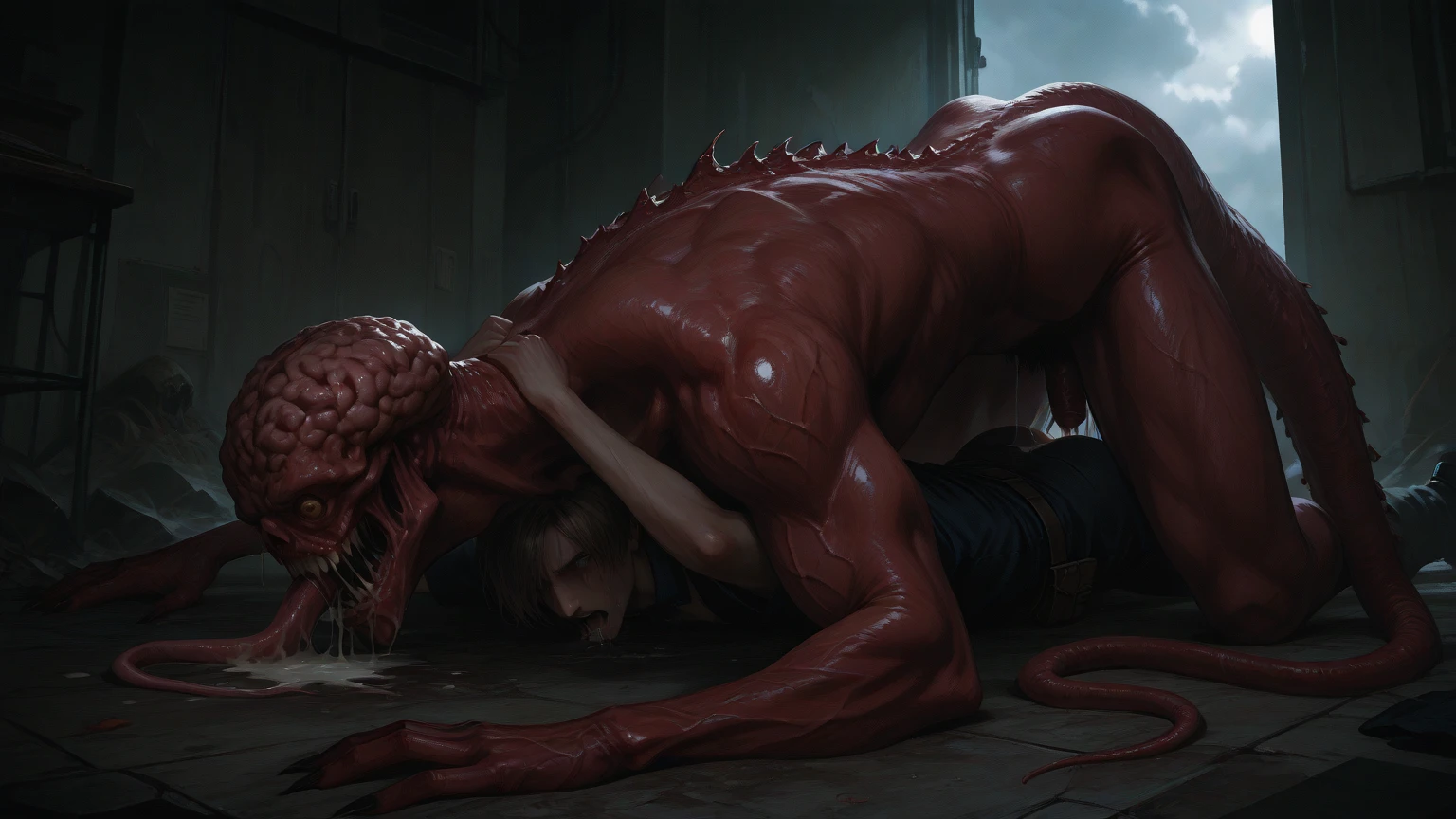 Dramatic, man emerging inside from meat blob, round blob, blood, meat