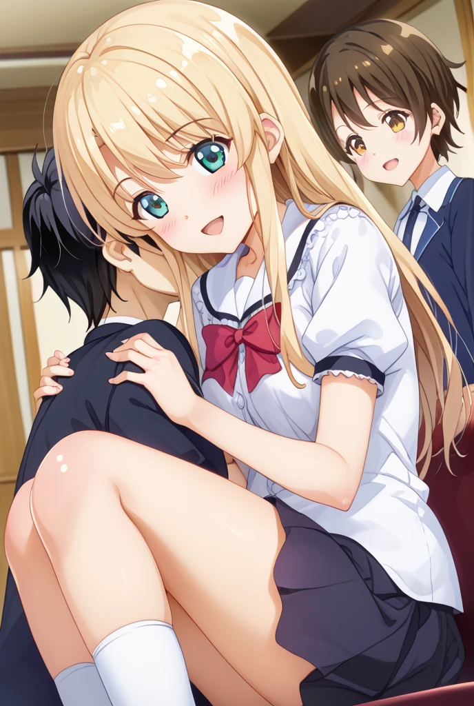 masterpiece, Highest quality, so beautiful, Absurd,High resolution,One girl, (((One littleboy))),Cuddling in bed, like,sexy,Look at each one, blush,Age difference,bow tie,Blonde,chest,pleated skirt,Tucked in shirt,Tent shirt,bare bra,NSFW,((女の子より小さい男の子,Boy is smaller than women)),sex,physique difference,huge breasts