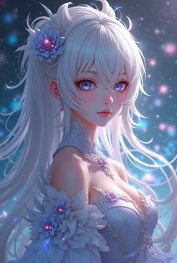 masterpiece, highest quality, figure, alexandrite eyes and hair, platinum earrings, Platinum Necklace, white dress, The Little Mermaid, cute, (dynamic lighting:1.2), cinematic lighting, delicate features, fine eyes, sharp pupils, realistic student, Depth of bounds written, Bokeh, sharp focus, (very detailed, bloom, shine:1.4), Many Small Gems, big tits