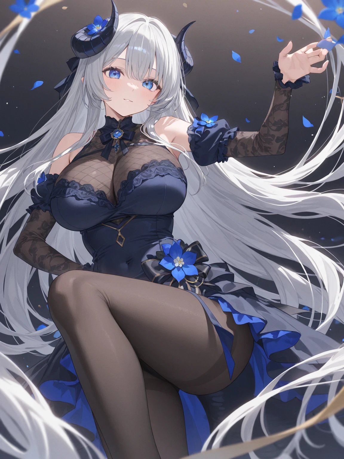 1 girl, (((ultra-detailed))), ((masterpiece)), ((illustration)), sensual, starlight saintess, black ornate dress, curvaceous woman, head veil, long silver hair, fair skin, droopy eyes, starry eyes like the night sky, bust up, facing forward