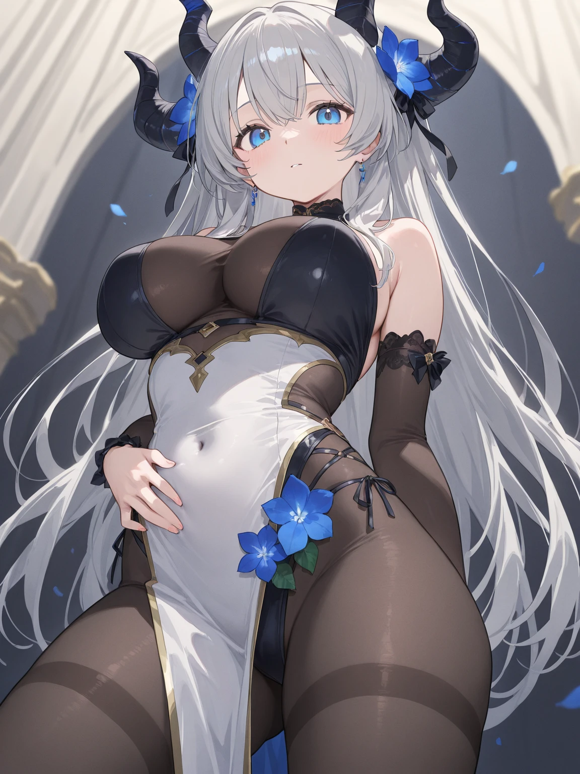 1girl, from below, looking down, pussy, scared, ((hourglass figure)), ((black lingerie))