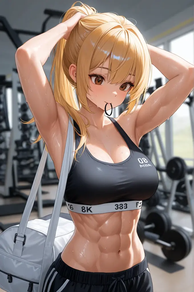 (masterpiece:1.3, top-quality, ultra high res, ultra detailed), (realistic, photorealistic:1.4), beautiful illustration, perfect lighting, colorful, depth of fields, nsfw, 
beautiful detailed hair, beautiful detailed face, beautiful detailed eyes, beautiful clavicle, beautiful body, beautiful chest, beautiful thigh, beautiful legs, beautiful fingers, 
looking at viewer, upper body close-up, 1 girl, 18 years old, (perfect anatomy, anatomically correct, super detailed skin), perfect face, perfect eyes, cute and symmetrical face, babyface, 
(long hair:1.5, twintails, blonde hair), hair between eyes, red eyes, big eyes, long eye lasher, (large breasts, seductive thighs), slender, skinny, shiny skin, glowing skin, 
(ports bra, sports pants), erotic, sexy long legs, open chest wide,
(beautiful scenery), midnight, (sports club:1.2, fitness, using smith machine:1.6), table top, elaborate design, (seductive smile, upper eyes, parted lips), 