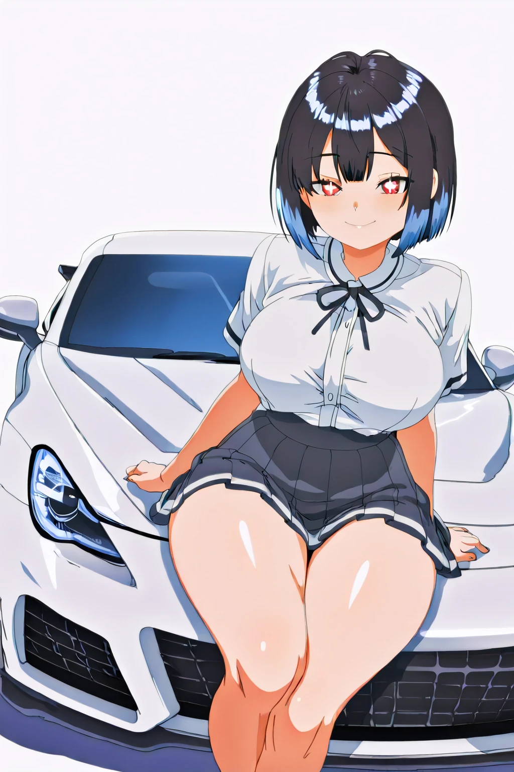 sajouayaka, black hair, short hair, Blue eyes , large breasts, , , empty eyes , large breasts, nipple, , Peeing, lactation, projectile lactation, CAR shop, frozen, wet, crying ,, Naked, , (1girl) ,solo