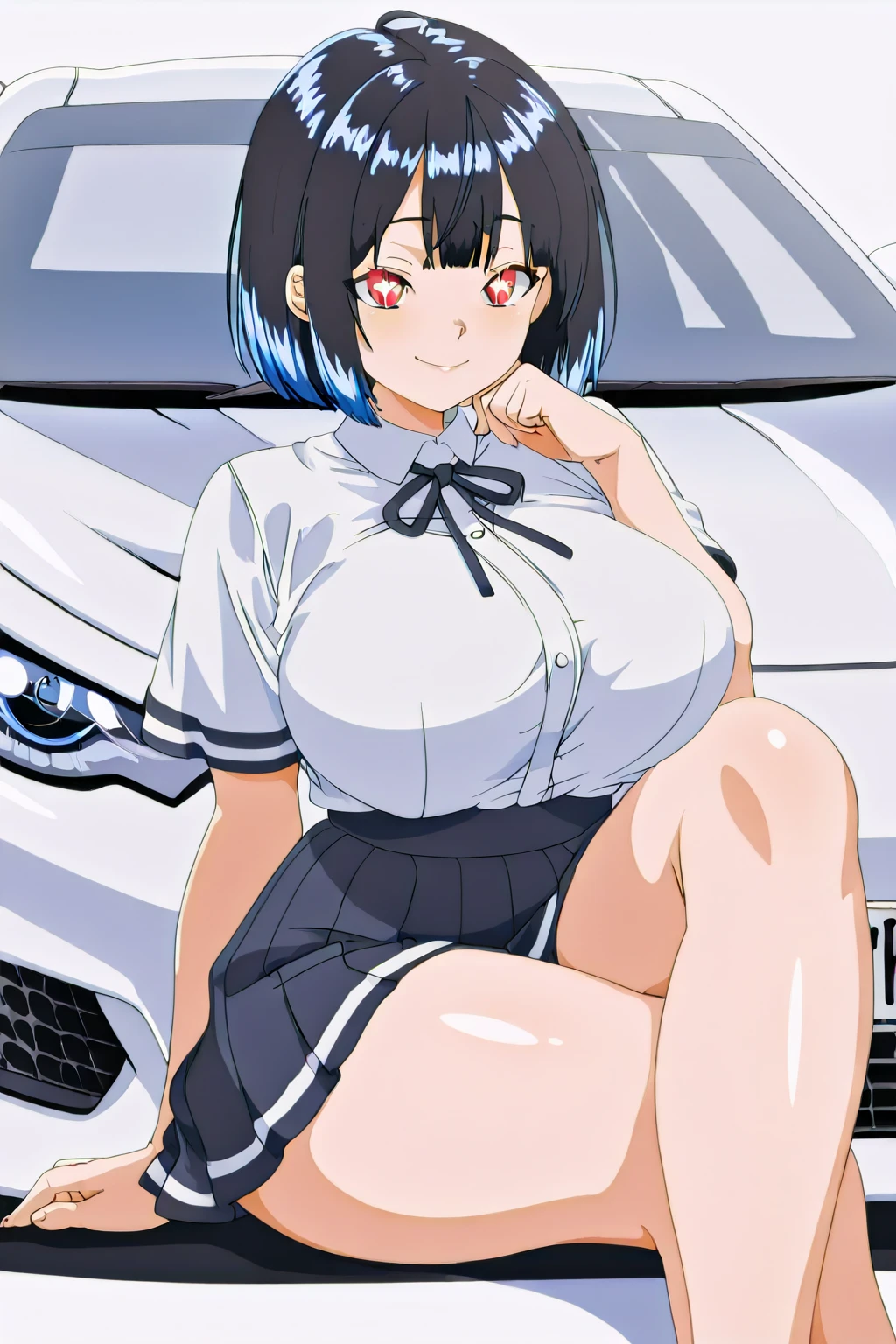 sajouayaka, black hair, short hair, Blue eyes , large breasts, , , empty eyes , large breasts, nipple, , Peeing, lactation, projectile lactation, CAR shop, frozen, wet, crying ,, Naked, , (1girl) ,solo