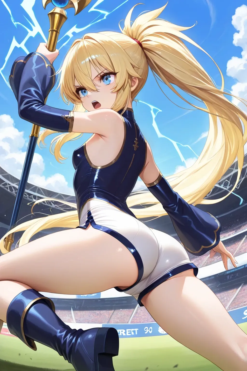 (high quality1.4), (finely detail:1.4), nsfw, 1 girl, Iris \(konosuba\), blonde hair, long hair, grape hair ornament, blue eyes, small breasts, ( erectile nipples), (torn black leotard), (cameltoe), anus, smile, wariza, from back, ((very bright stadium:1.4)), ((solo)), (masterpiece, best quality, 8k:1.4),