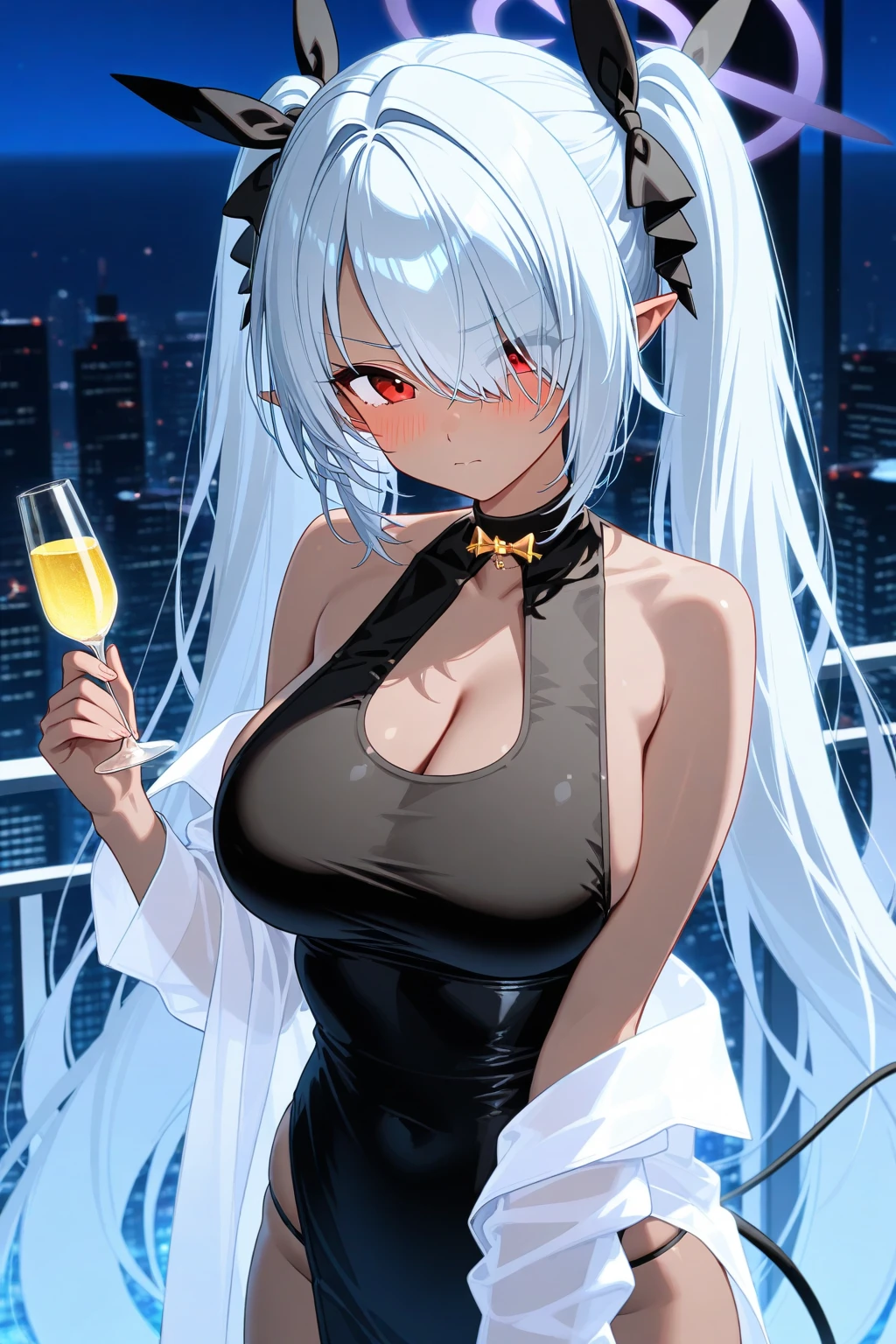 ((masterpiece:1.2, best quality)), 1aldy, solo, (black Bunny girl:1.25), (Alphonse Mucha:1.1), upper body, (Looking straight ahead), (tarot:1.3), dark, night, (sky), dark cloude, siver Tray, star, milky way, black pantyhose,