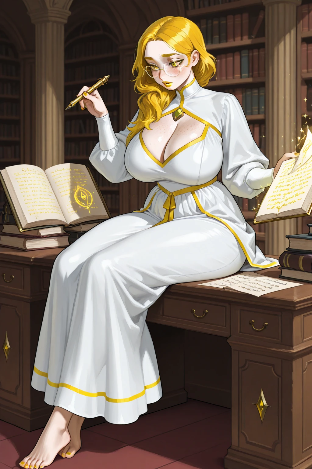(masterpiece, best quality, absurdres, 4k, aesthetic, detailed, intricate),sitting,library,1girl,solo,cecilia_p, long hair, beige dress, long sleeves, beige sleeves, red cuffs, long skirt, green skirt, jewelry,elbow rest, <lora:WildArms_Cecilia:0.7>
