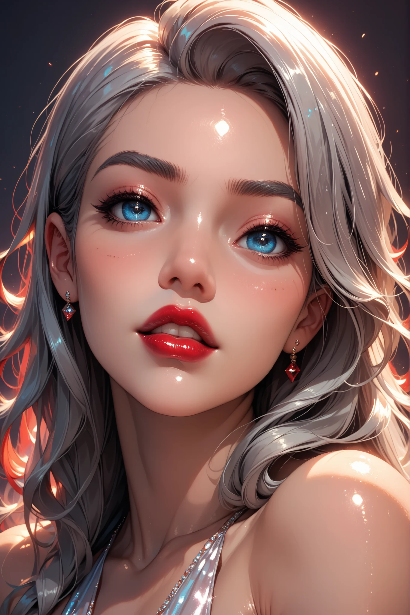 (perfect face), feminine, long hair, silver hair, (thin eyebrows), (grey eyebrows), blue eyes, nose, (thick lips), (red lips), female beautiful, looking at viewer, (((shiny skin)))