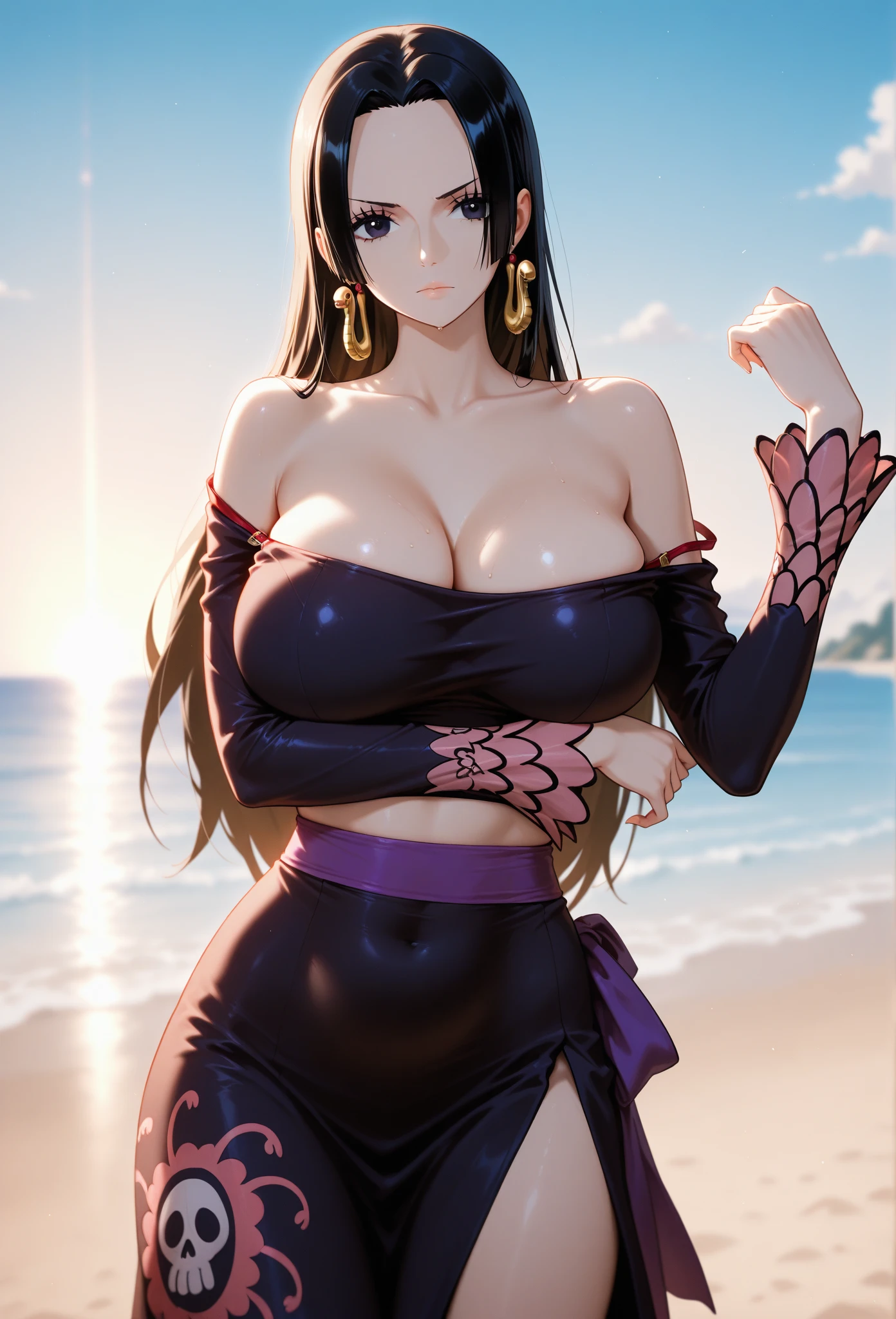 Masterpiece, Excellent, 1 female, brunette hair, bare shoulders, long hair, swimsuit, denim photos, dynamic pose, dynamic angle, exposed breasts, huge boobs