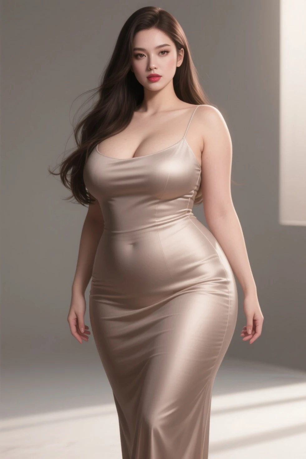 best quality, masterpiece, highres, 1girl,wearing sheath dress,hair ornament,chubby think body, necklace, jewelry,huge breasts, full body.