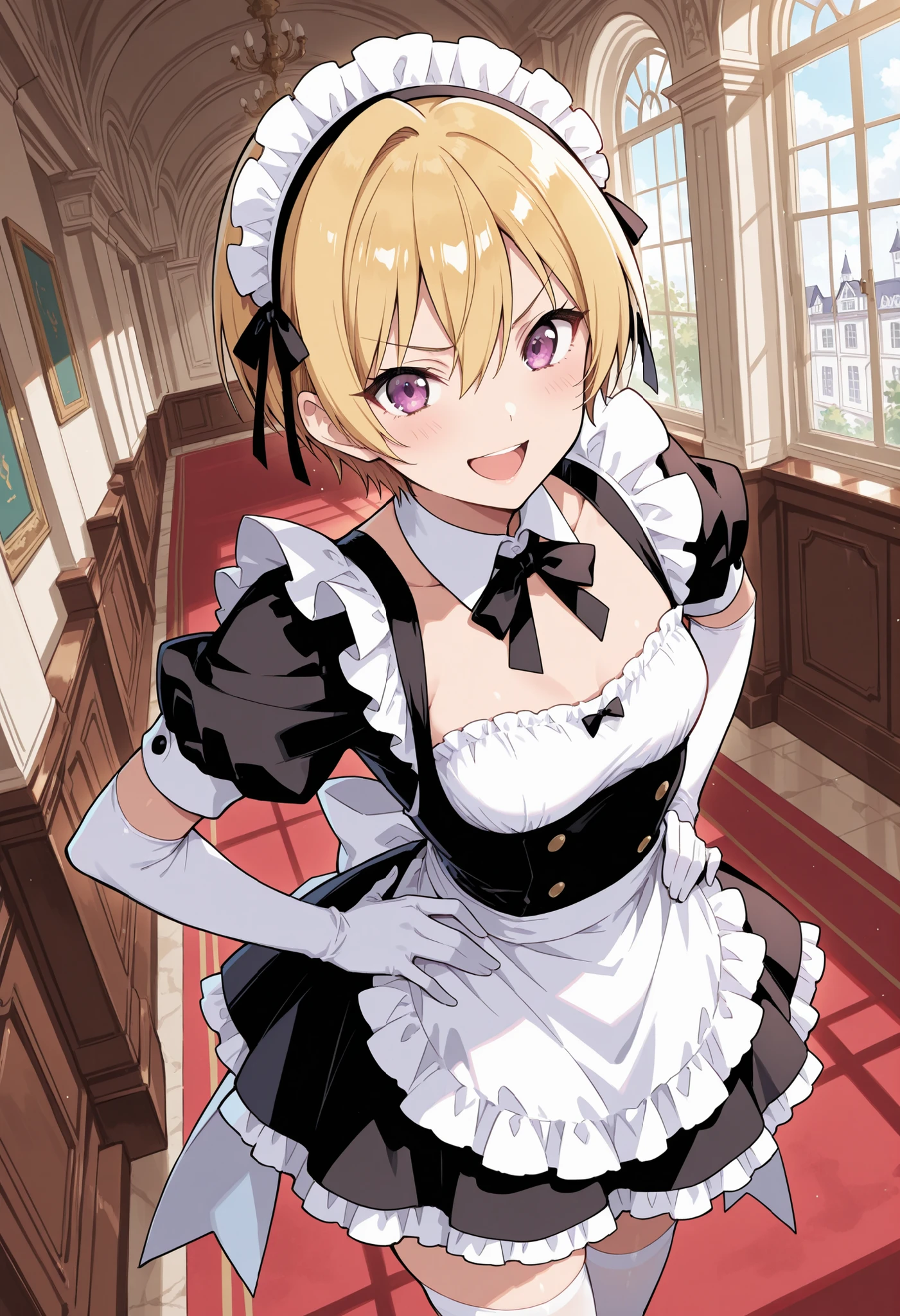 anisphia_wynn_palettia, blonde short hair, green eyes, hair ribbon, medium breasts, castle,
maid, red carpet
(pink skirt, white shirt:0)
<lora:last:1.0>