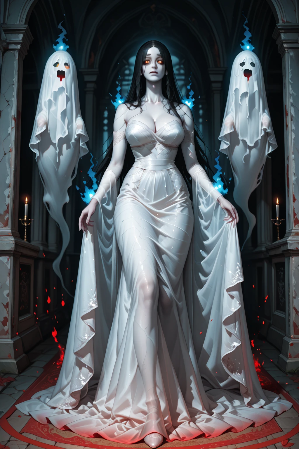 Arafed, dark fantasy art, goth art, a beautiful female vampire wearing a (blood stained white evening dress: 1.5), an extremely beautiful female vampire, ultra detailed face, black hair, long hair, wavy hair, dark glamour make up, pale skin, red lips, glowing red eyes, visible vampiric fangs, she wears a ((white evening dress: 1.5)), elegant, intricate detailed dress, silk dress, small cleavage, ((dress is decorated with gems: 1.4)), she wears elegant knee high heeled boots, exquisite knee high heeled boots, there are stains of blood on the upper part of the dress, dynamic background
