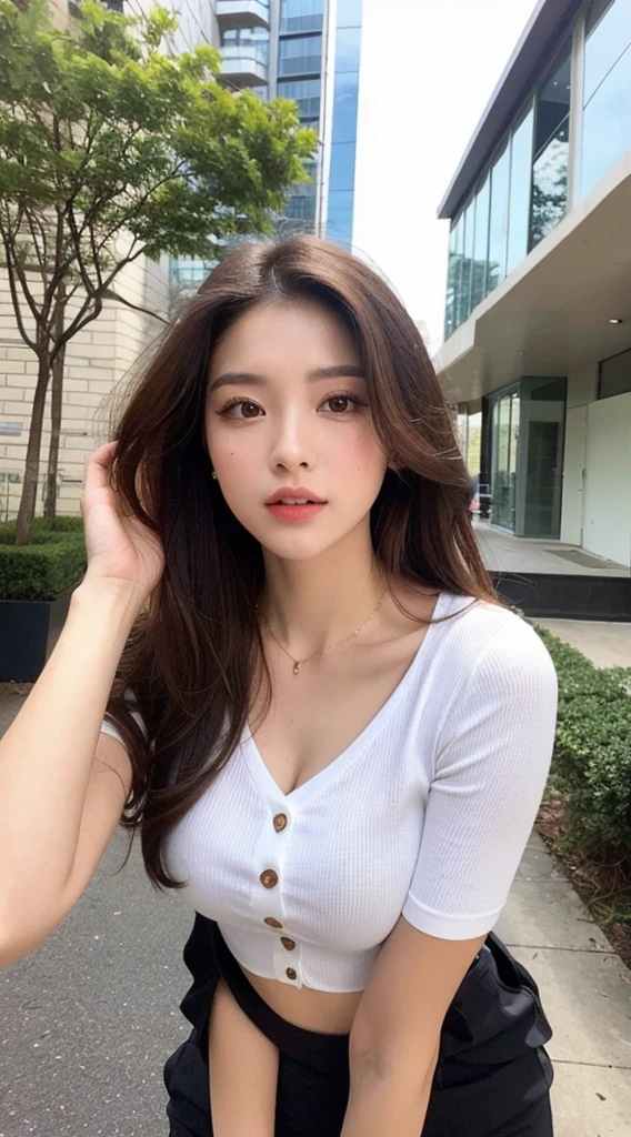 A woman with the same face as last time,1Man Woman、Slender Abs、Loose wavy styling、Please express it beautifully in every detail..Recruit Suit、Sitting at a desk、full body Esbian.Attractive position、 Including face and skin texture.,Detailed eyes,Seducting look