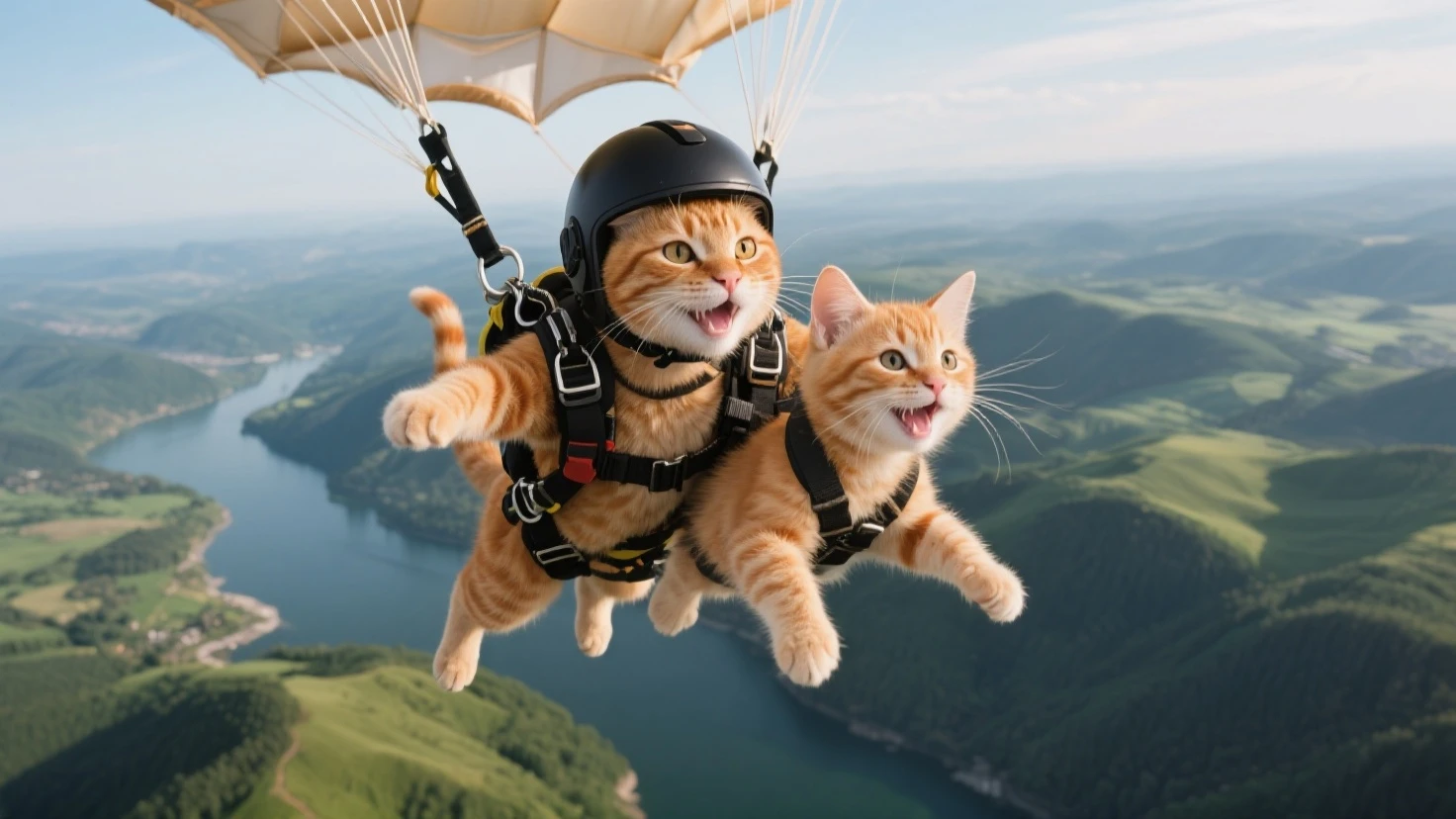 gopro footage of a group of badass cat skydiving, look at a camera, soft volumetric lights,