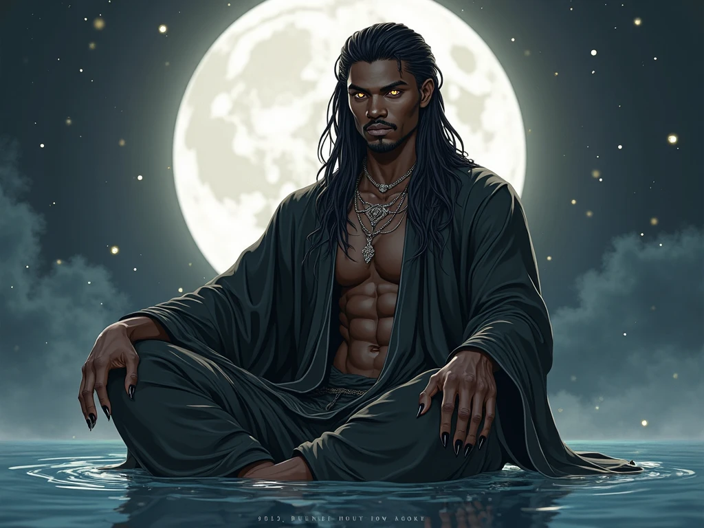masterpiece, highest quality, (solo focus), (perfect face:1.1), (high detail:1.1), (hyper detailed eyes), dramatic, 1guy, (dark skin), long black hair, white eyes, (light eyebrows), solo, long hair, moon, night, black luxury suit, covered navel, pouty lips, fur, arrogant expression, beach house detailed background, art by artgerm, cinematic lighting, roses, fashion, character generated and dressed in BalenciagaStyle