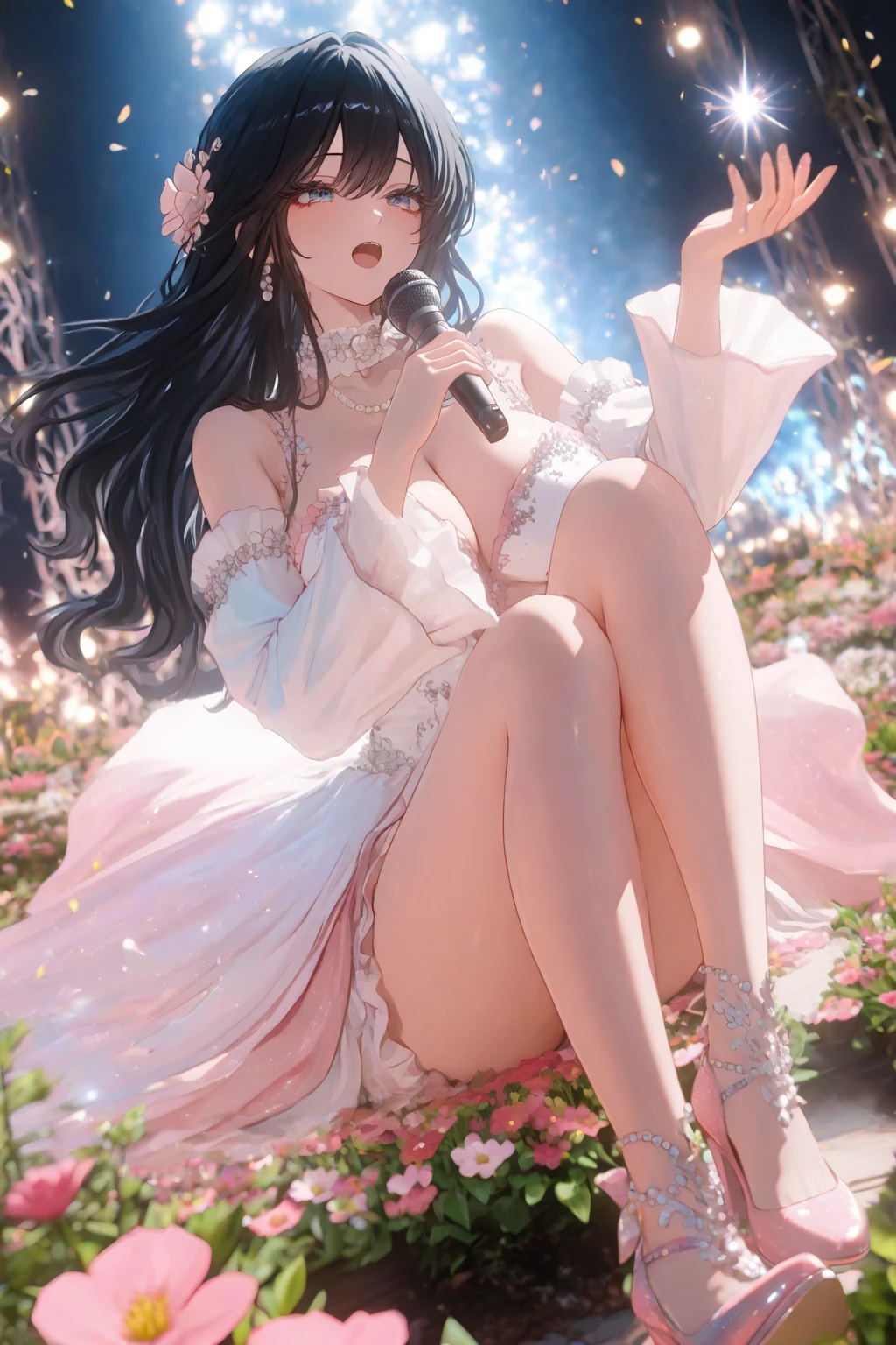 ((((Obra maestra, La mejor calidad, ultrahigh resolution)))), 1girl, standing,), ((long pure brown hair, hair over eye)), long hair cut, shiny skin, ((golden eyes)), glowing_eyes, neon eyes, (ultra detailed eyes:0.7, beautiful and detailed face, detailed eyes:0.9), ((centered)), smirk, facing viewer, ((vibrant background, dark lighting, summer, sunlight)), large chested, looking at viewer, ((half closed eyes)), ((perfect hands)), (((head:1, arms, hips in view, elbows, legs, in view))), ((hands behind back)), empty eyes, beautiful lighting, ((outside, outdoors)), defined subject, head tilt, (((gritty)), ((creepy)), ((cool)), ((beautiful)), (((SFW))), hair ornament, petals in the air, moon in the sky, city, mature woman, adult woman, sfw, pink and white dress, night dress, she is a princess, gal, dark skin, majesty, mistress 