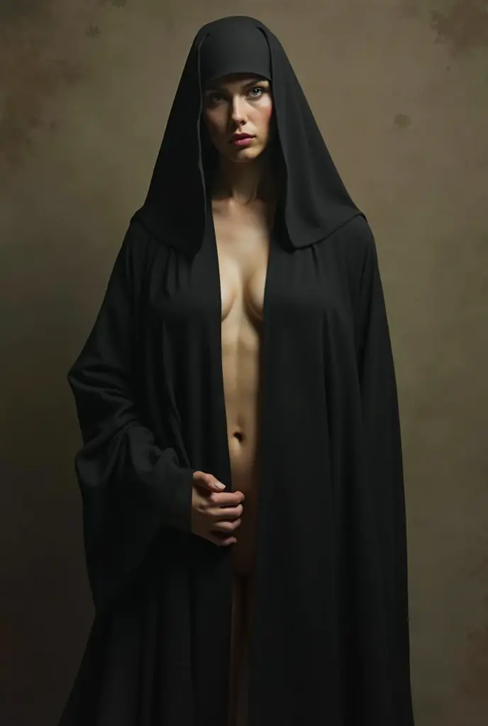 High detail RAW color Photo of pale beautiful woman ((standing outside))((nude)) (((exposing her full head and body))), (beautiful legs), (perfect feet), (plump butt), toned abs, ((Amused beautiful, petite, slim) ( single hair bun) with angular face, pointed chin, feminine, large bright eyes)), ((wearing hooded cape)), symmetrical, highly detailed, harsh lighting, cinematic lighting, ((light painting long exposure)) serious eyes, contrast, textured skin, cold skin pores, hasselblad, hard light, gigapixel , (wearing heels)), flawless face, freckles, (((perfect vagina))), ((perfect nipples))