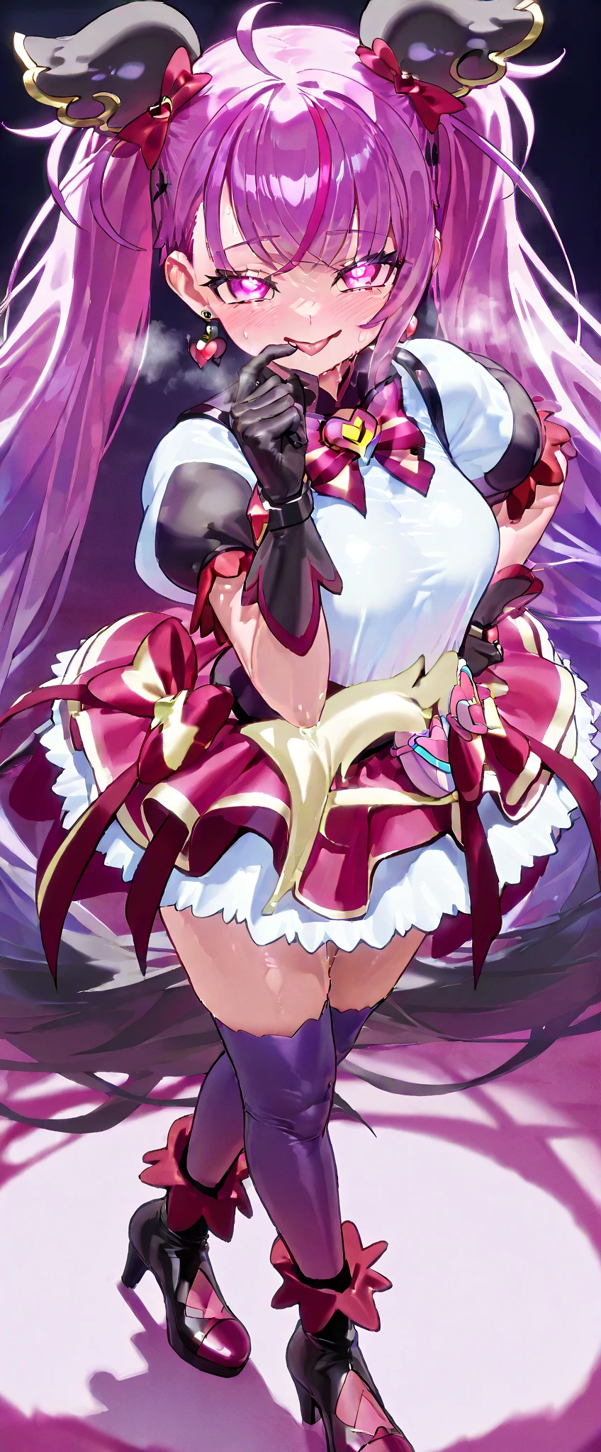 (HD, Sharp), 1 girl, Super Glossy Skin, (fluttering skirt, skirt lift, light pink underwear:1.2), Big breast, closed eyes, :o, knock back, torn clothes, sweetlip, black outfit, navel, white thighhighs, gloves, lightning, headback, tongue out