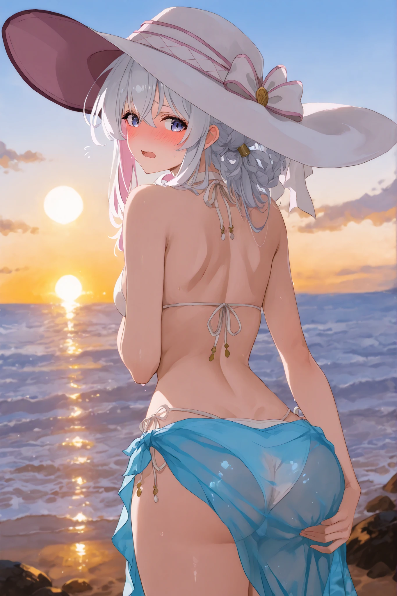 (​masterpiece、top-quality、hight resolution、photos realistic、real looking skin:1.1)、Japan girls at 21 years old、(Gray eyes:1.5)、Beautiful eyes、Shining eyes、(silber hair:1.5)、Very long hair、Side braid、Bangs that extend between the eyes、Flowing hair、a straw fedora hat、short stature、full bodyesbian、embarrassed from、is standing、(arms behind back:1.5)、ruffle bikini、Sunnyday、beautiful ocean、sand beach、(topless:1.5)、nsfw