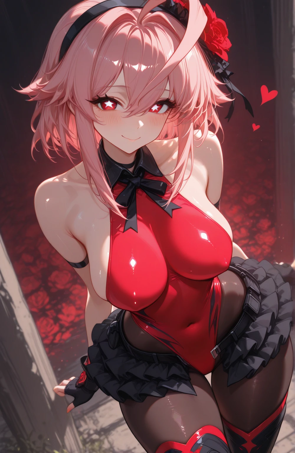 Wicked Smile、((Grin)) Pink hair bun Troubled face Low - Angle front Back white Background white Small breasts Red Chinese clothing garter belt Amia Misty stockings Big eyes Hearts in the eyes Ring Earrings Sweat Embarrassed