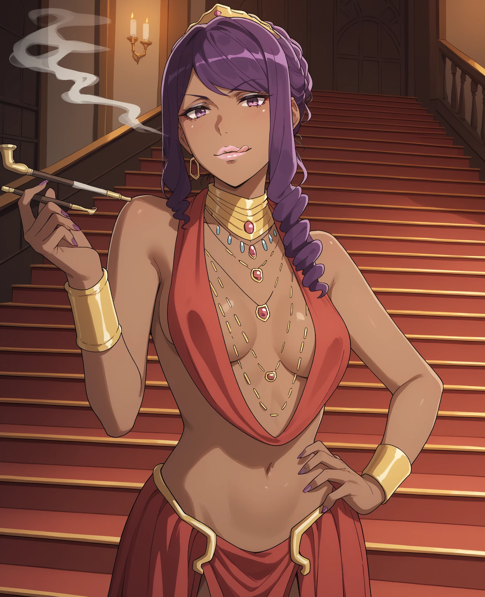 (masterpiece, best quality:1.2), solo, 1girl, danmachiishtar, dark skin, makeup, smile, looking at viewer, tiara, revealing clothes, skirt, jewelry, earrings, necklace, bracelet, cleavage, indoors <lora:danmachi_ishtar:1>