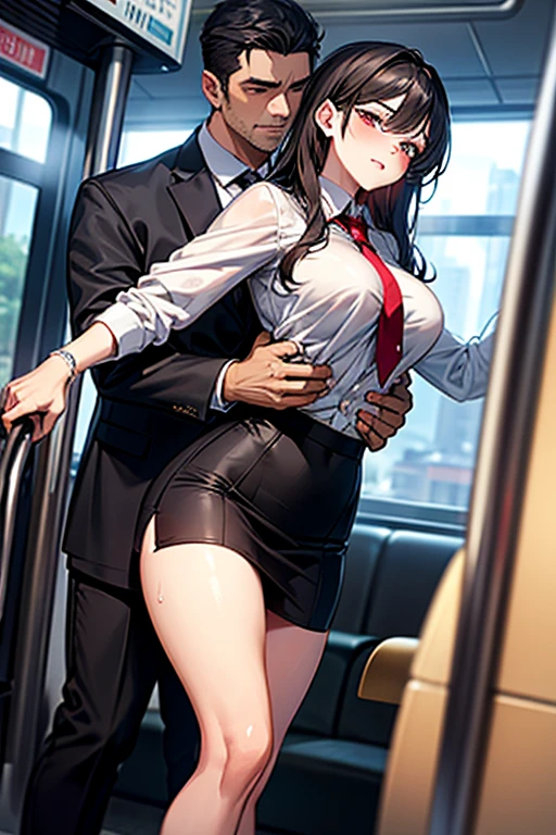 (((masterpiece, highest quality, High resolution, 超High resolution, Perfect Pixel, Depth of written boundary, 4K, RTTX 10.0))), Beautiful Anime Woman, Beautiful art style, Anime characters, ((Smooth texture, Realistic texture, Anime CG Style)), Exact finger count、Exact number of legs、(Exact number of arms:1.0, Exact number of hands:1.0), (Perfect hands, Perfect Anatomy), Cinematic, Realistic, Extremely detailed CG, Daytime lighting, Perfect lighting, Best Shadow, The best natural light, whole body, Perfectly balanced style, A perfectly balanced body, Slender body, whole body, ((bangs, Dark brown hair, Stylish and cute ponytail)), (A woman in a sailor uniform is standing while a young man in a suit massages her breasts over her bra and puts his hand inside her panties.:1.3), (povbreastgrab,pov hands,breast grab:1.3)、doggystyle, Exact number of hands, With a bra on, show off bra, skirt, bra, panties, underwear, (セクシーでかわいいunderwear, Stylish shiny white satin panties, Stylish shiny white satin lace bra:1.3), (Embarrassed expression:1.2), blush, (sexual pleasure expression:1.5), (Holding in pee:1.2)、Patience is the limit、On the brink of climax, (hand_in_panties_not_self:1.2), (in the train:1.3)