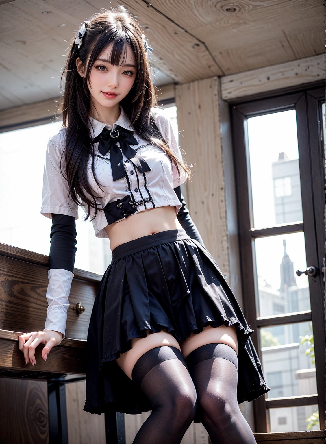 (Black Garter High Socks:1.5)、((Crossed legs:1.5)),Ultra-high resolution、(((Blunt bangs, Princess Bang))), (((Very heavy,Voluminous bangs:1.1))),(((very length, Very heavy,Very voluminous side locks:1.1))),, Princess Cut, Straight bangs hairstyle, Round face with Blunt bangs, length, Glossless hair、Bangs cut straight,(masterpiece, Highest quality:1.5), (Ultra-fine 8K CG:1.4), (hyperRealistic:1.25), (PhotoRealistic:1.25), (Realistic:1.4), Cowboy Shot, (One from the front.4), (Smile 1.3), Beautiful Japan, , Supermodel, Japanese Idols, (evil grin:1.5), Big Breasts, Sweat、(school uniform:1.5)、(sitting on a chair in the classroom)、Accentuate your cleavage:1.5、Black Hair:1.2、Full body image、((Real person:1.5))、((From below:1.5))