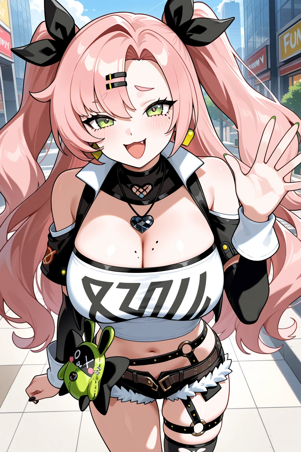 ,, wearing a short ,, she open her clothes,, With his long tongue out of his mouth, with a big breast,, with a peace arm pose,, full body picture with her leg,, wearing a jeans short,, wearing a glasses ,, sexual expresion