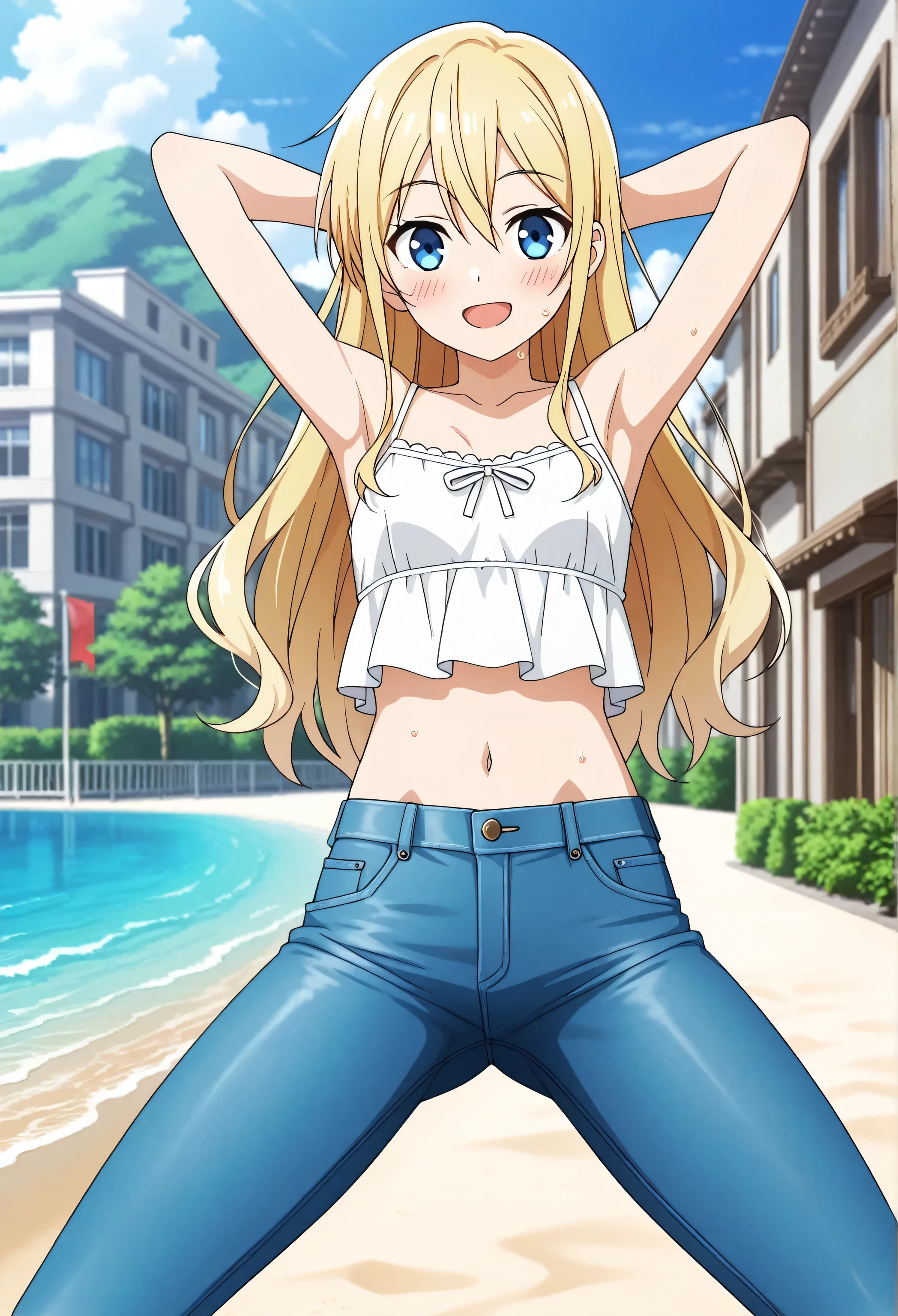 Aravis is a woman with blue and white blouse and blue jeans, realistic anime girl rendering, 11 years old, exaggerated anime character figure, ((((super breastless flat chest)))) super thin waist giant hips thick legs, Lola rabbit fanart, the character is her natural pose, smooth anime CG art, render a cute 3d anime girl, Yotsuzuki rendering, zero suit Samus, realistic shadows perfect body, sports bra and shirt, 3d anime girl