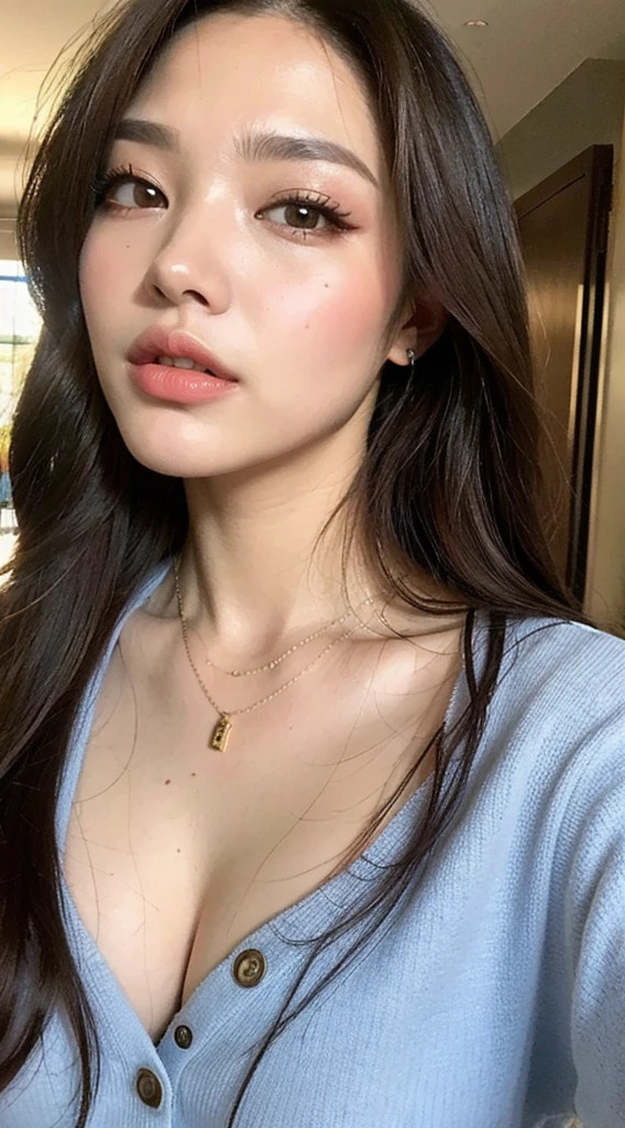 (Best quality, 8K, 32k, Masterpiece, uhd:1.2),Cute Japanese Women, Gal　large breasts, Straight long hair,　Brown Hair　upper body,face focus,oversized_White Y-shirt, necklace, simple background, from above, looking at viewer,Cleavage　Thin eyebrows　Smaller breasts