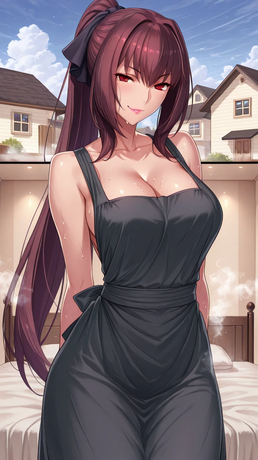 (16K), two headed woman, smiling, highres, masterpiece, ((black hair with blue highlights)),, ((different hair color)),cleavage, ((black dress:1.5)), lustrous and smooth skin, huge breasts, (mature woman), (blue eyes), (queen), seductive silhouette, ((slim hips)), casual dress, sexy proportions, Beautiful girl with accentuated slender abs, long legs, seductive woman, ((vibrant colors))
