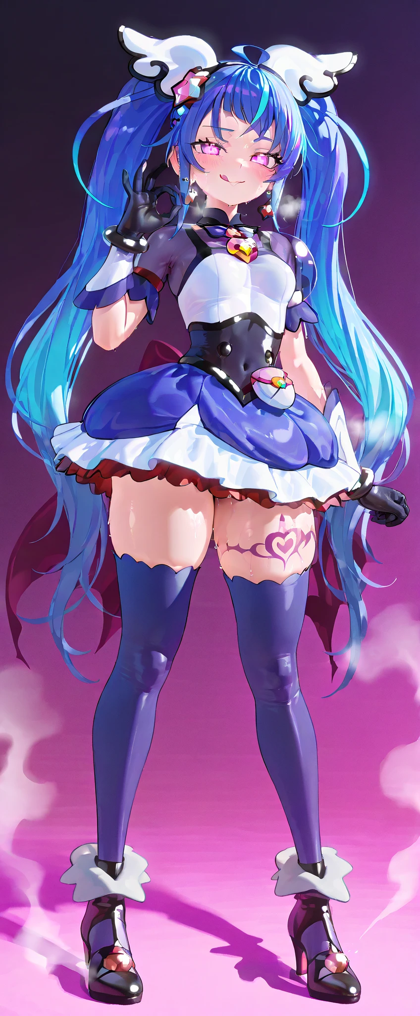 me!me!me!, 1girl, striped panties,
pale skin, long hair, aqua hair, blunt bangs, large breasts,
pink dress, purple detached sleeves, purple thighhighs,
upskirt, arms up, cowboy shot, thick thighs,
pink eyes, terrified, ahegao, mouth open
BREAK
masterpiece, highres, best quality, (sketch:0.2), line-art, (traditional media:0.9), western comics (style),
by [Patrick Brown (/artist)/:0.6], (Dan DeCarlo:0.8), Phil Noto, [ :Horikoshi Kouhei:0.8], (flat shading:1.1), sharp focus, outline,
soft lighting, sharp shadows, subsurface scattering,
simple background, abstract background, pastel pink background,  <lora:me!me!me!-958it-novae:1>  <lora:Reiq_08:1>