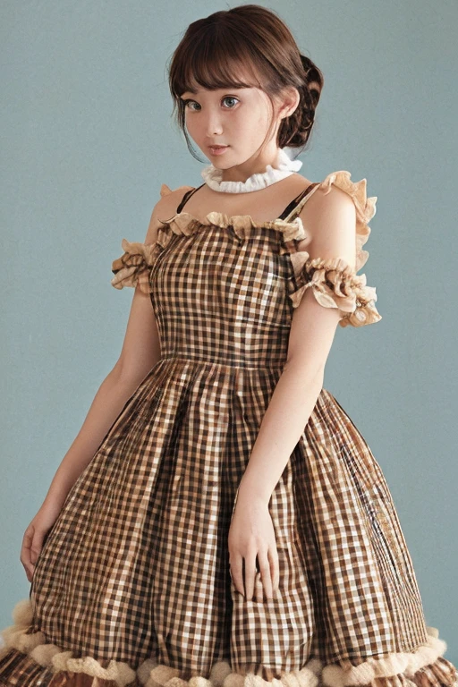 10 year old girl underwear, Realistic bloomers made from patterned cotton fabric, Medieval one-piece dress with panniers, Fabric Realism, Low - Angle, I see bloomers, Pull up the dress by hand, Strong winds, Translucent slip, Translucent slip, tights, Highest quality, Crotch close-up, whole body