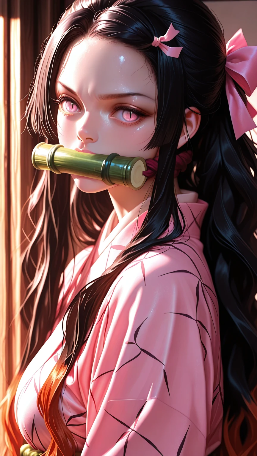 masterpiece, (photorealistic:1.5), realistic eyes, asian woman, best quality, beautiful lighting, professional lighting, photon mapping, radiosity, physically-based rendering, kamado nezuko, 1girl, black hair, forehead, hair ribbon, japanese clothes, kimono, long hair, multicolored hair, pink eyes, pink kimono, pink ribbon, ribbon, very long hair, bit gag, gagged, sky, ((aged up)), (RAW photo, 8k uhd, film grain)